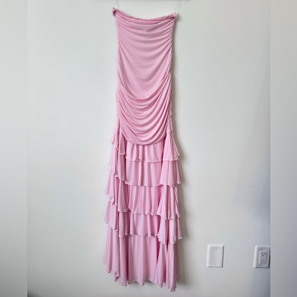 Oh Polly Hayami Bandeau Ruched Ruffle-Trim Maxi Dress in Blush - Size 2 - Picture 10 of 16